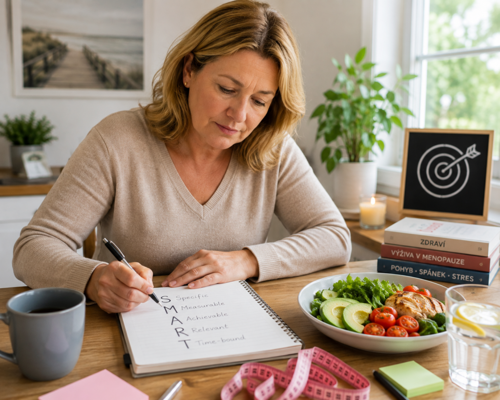Žena zapisující si cíle pro&nbsp;hubnutí v&nbsp;menopauze podle metody SMART